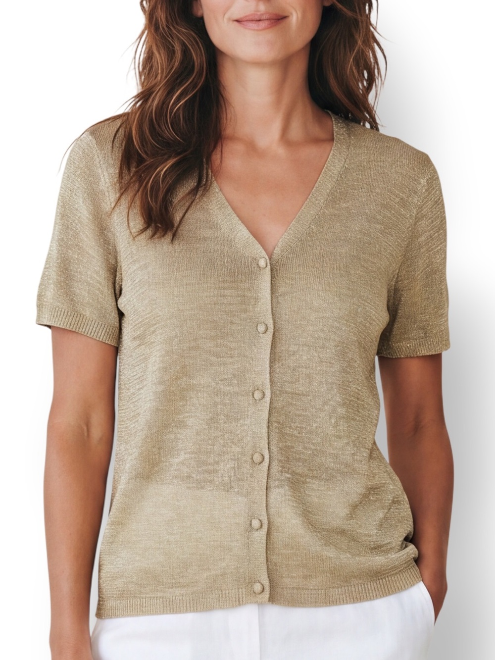 4/$20 Josephine Chaus Gold Shimmer Short Sleeve Cardigan Metallic Knit Sweater L